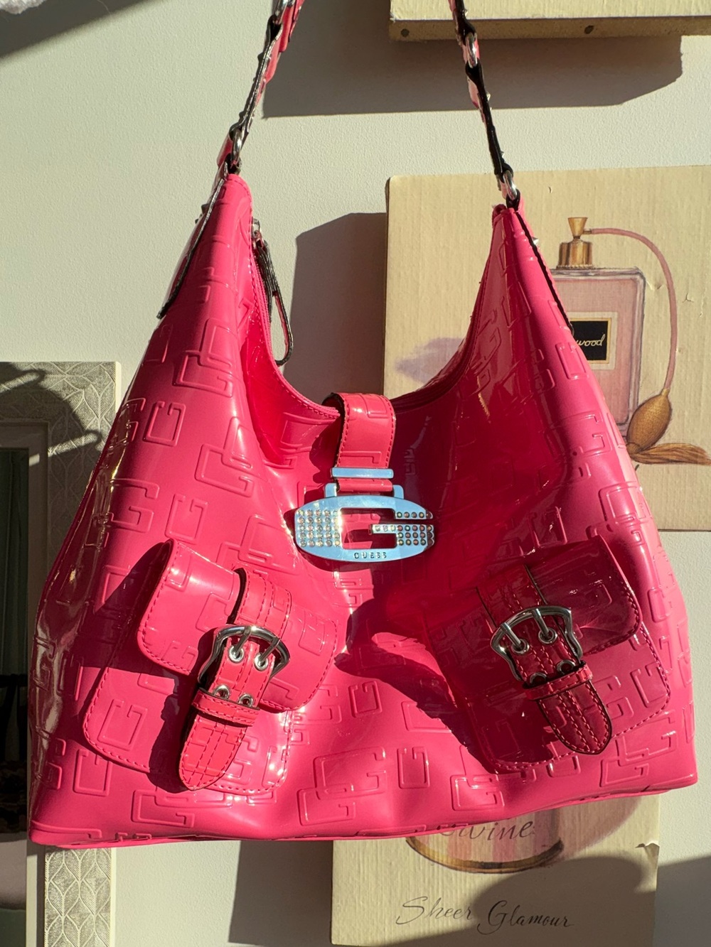 Vintage Y2K GUESS Hot Pink Patent Rhinestone G Shoulder Bag McBling
